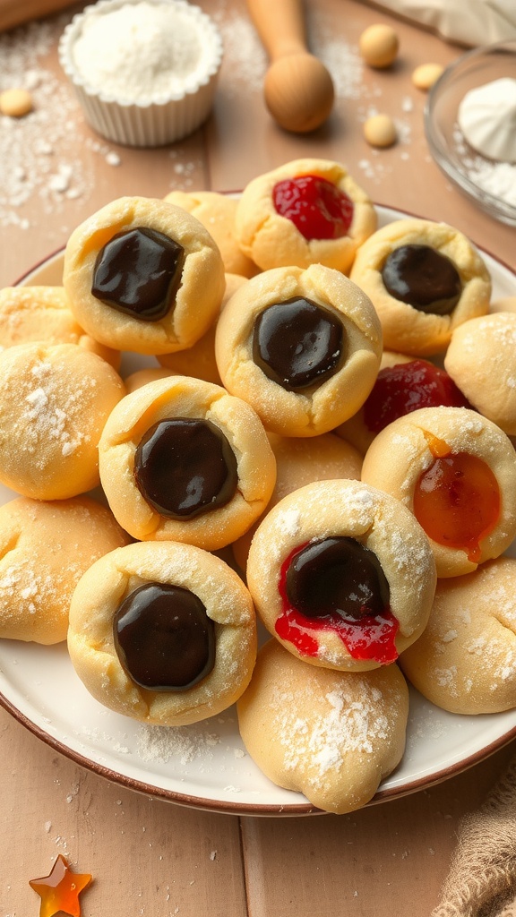 Plate of golden Dough Eyes filled with chocolate and fruit preserves, dusted with powdered sugar.